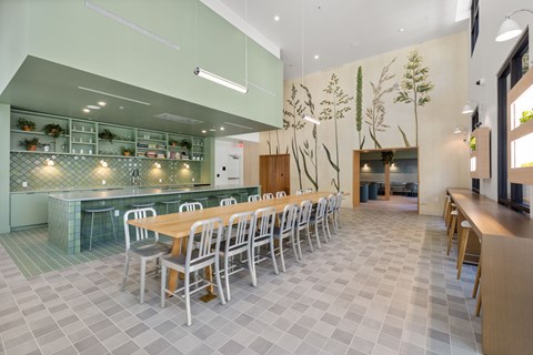 A long table with chairs is in a room with a green wall.