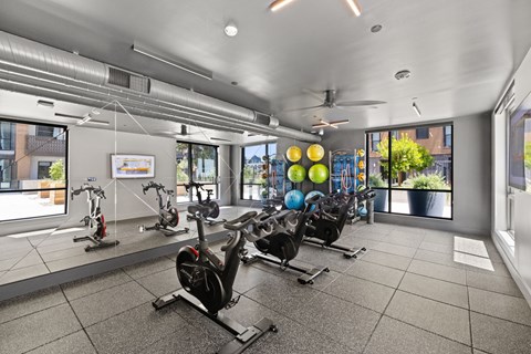 A gym with exercise bikes and a fan.