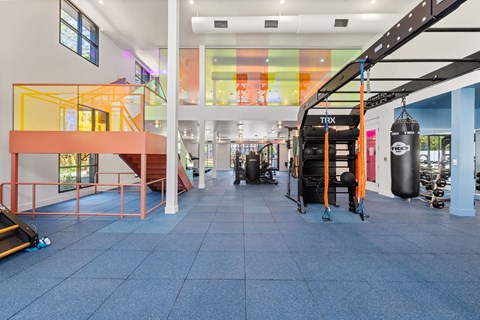 A gym with a punching bag and a slide.