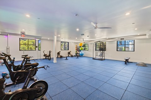 A spacious gym with exercise equipment and a blue floor.