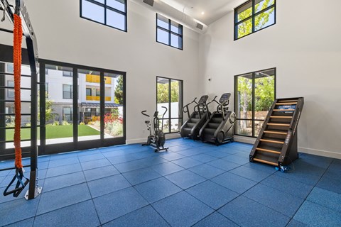 A gym with a blue floor and exercise equipment.