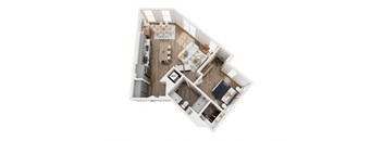 A top down view of a small apartment with a kitchen, living room, and bedroom.