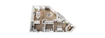 A top-down view of a house layout with a kitchen, living room, and bedrooms.