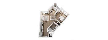 A top down view of a house with a kitchen, living room, and two bedrooms.