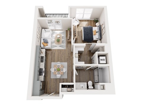 A top-down view of a small apartment with a kitchen, living room, and bathroom.