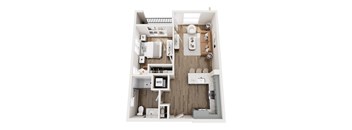 A top-down view of a small apartment with a kitchen, living room, and bathroom.