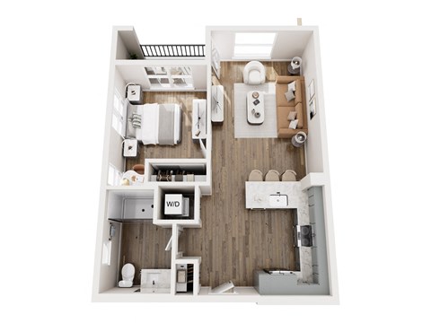 A top-down view of a small apartment with a kitchen, living room, and bathroom.