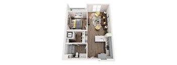 A top down view of a small apartment with a bedroom, living room, and kitchen.