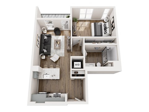 A floor plan of a small apartment with a living room, kitchen, and bedroom.