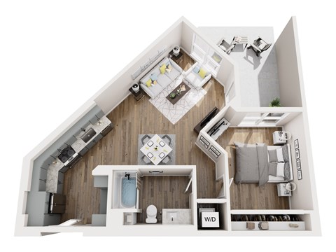 A top-down view of a small, neatly organized apartment with a kitchen, living room, and bedroom.