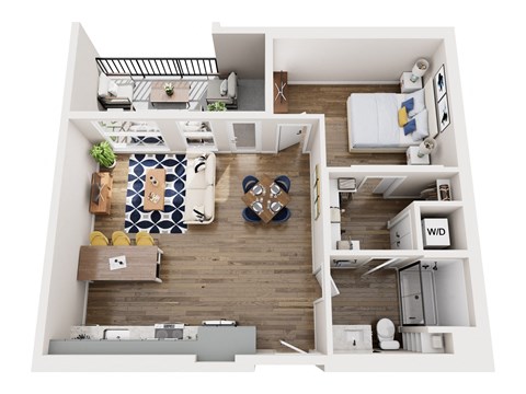 A top down view of a small apartment with a kitchen, living room, and bedroom.