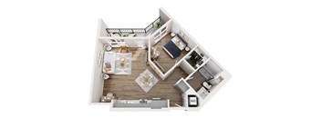 A top-down view of a small apartment with a kitchen, living room, and bedroom.