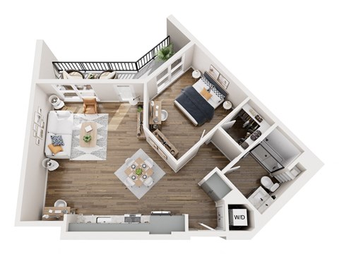 A top-down view of a small apartment with a kitchen, living room, and bedroom.