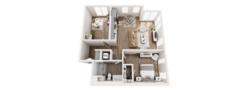 A top-down view of a small apartment with a kitchen, living room, and bathroom.
