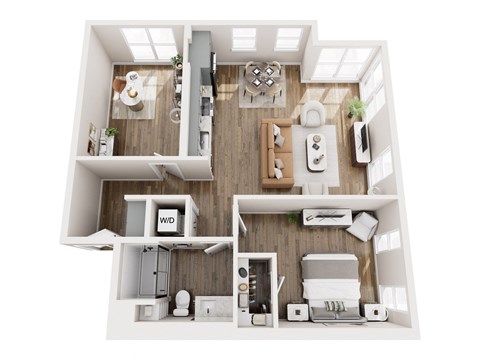A top-down view of a small apartment with a kitchen, living room, and bathroom.