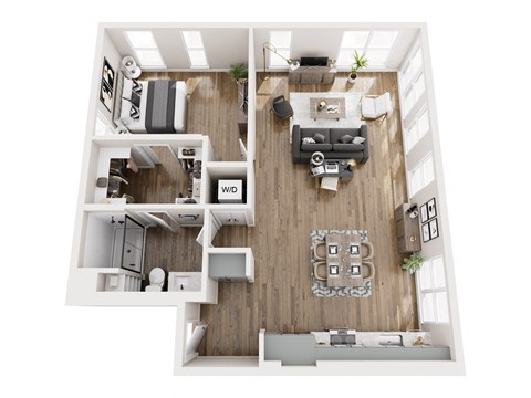 A top down view of a modern apartment with a kitchen, living room, and dining area.