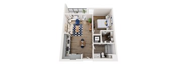 A top down view of a small apartment with a kitchen, living room, and bathroom.