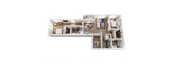 A top down view of a house layout with a living room, dining room, kitchen, and bedrooms.