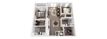 A top down view of a small apartment with a kitchen, living room, and two bedrooms.