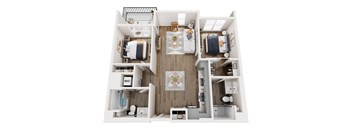 A top-down view of a small, neatly organized apartment with a kitchen, living room, and bedroom.