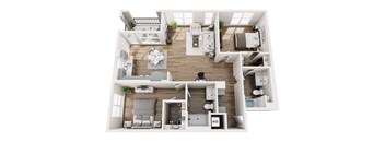 A 3D floor plan of a house with a living room, kitchen, and two bedrooms.