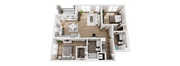 A 3D floor plan of a house with a living room, kitchen, and two bedrooms.