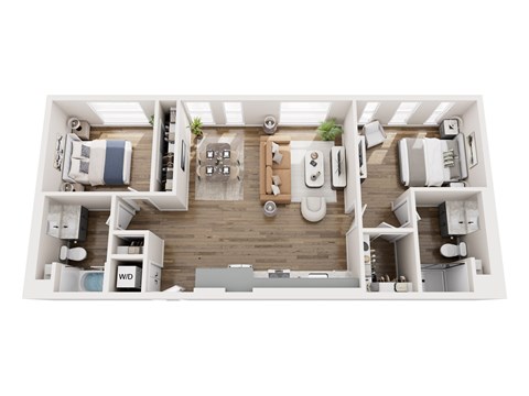 A top-down view of a well-organized, modern apartment layout.