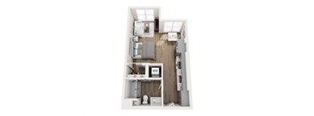 A top-down view of a small apartment with a bedroom, living room, and bathroom.