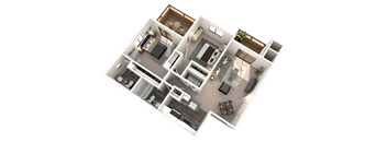 A 3D floor plan of a house with multiple rooms and furniture.