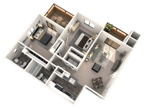 A 3D floor plan of a house with multiple rooms and furniture.
