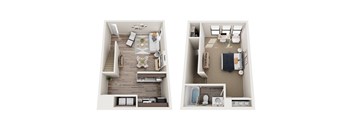a stylized floor plan with a bedroom and a living room