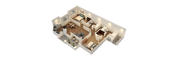 A 3D rendered image of a house layout.