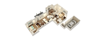 A 3D floor plan of a house with two bedrooms, a living room, a kitchen, and a garage.