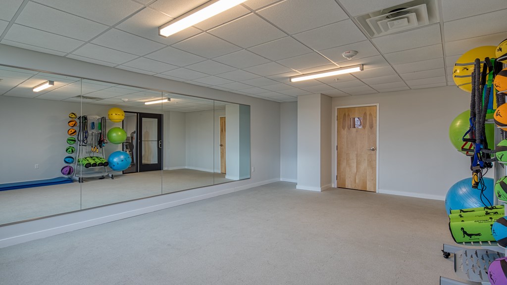 A room with exercise equipment and a mirrored wall.