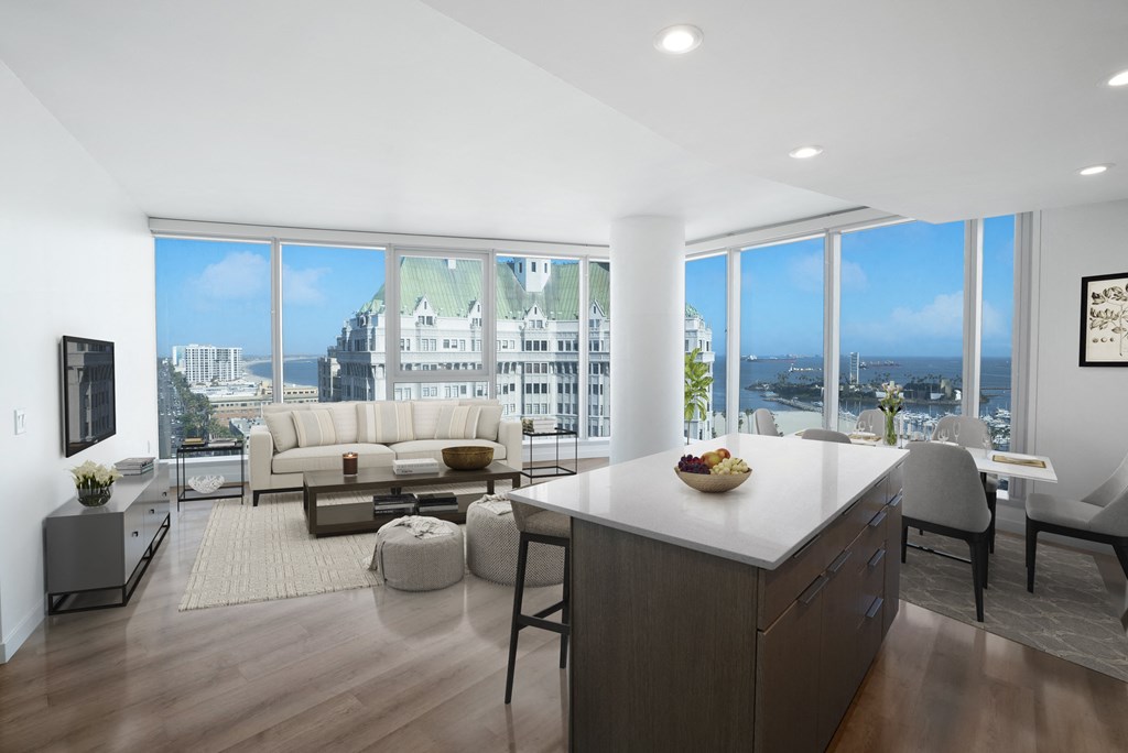 a rendering of a living room with a view of a large building in the background