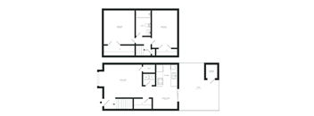 A floor plan of a house with two bedrooms, a living room, a kitchen, and a bathroom.