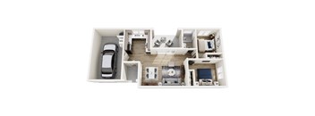A top-down view of a house layout with a car parked in the driveway.