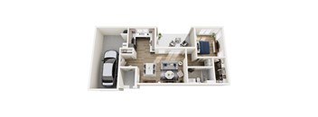 A floor plan of a house with a kitchen, living room, and two bedrooms.