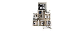 A top-down view of a house layout with a garage, living room, kitchen, and two bedrooms.