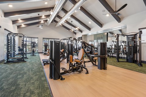 A gym with a variety of equipment including treadmills, weights, and exercise machines.