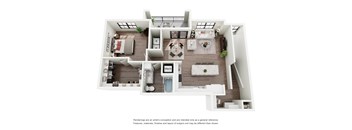 A floor plan of a house with a kitchen, living room, dining room, and bathrooms.