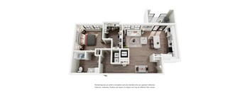 A 3D floor plan of a house with labeled rooms.