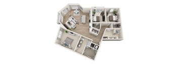 A 3D floor plan of a house with multiple rooms and furniture.