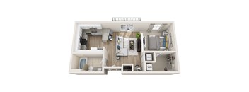 A top-down view of a small apartment with a kitchen, living room, and bathroom.