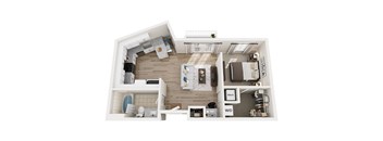 A top-down view of a small apartment with a kitchen, living room, and bathroom.