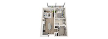 A top down view of a small apartment with a living room, kitchen, and bathroom.