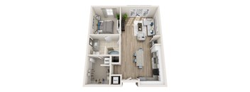 A top down view of a small apartment with a kitchen, living room, and bathroom.