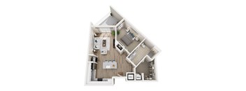 A floor plan of a house with a kitchen, living room, and bathroom.
