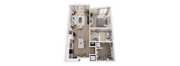 A top-down view of a small apartment with a kitchen, living room, and bathroom.