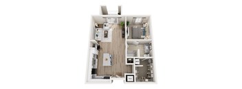 A top-down view of a well-organized apartment with labeled sections for W.I.D., W.D., and M.E.C.